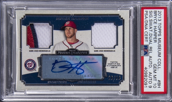 2013 Topps Museum Collection Signature Swatches Dual Relic Auto #BH Bryce Harper Signed Jersey Patch Card (#29/50) - PSA GEM MT 10, PSA/DNA 9